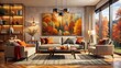 © DigitalArt Max - Vibrant autumn hues infuse modern living room with warmth, featuring stylish furniture, rich textiles, and abstract digital art pieces.