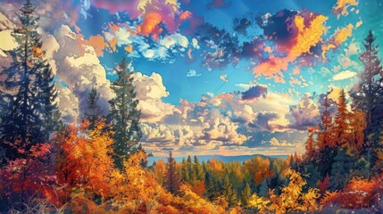 Canvas Print - Vibrant fall scenery with lush forest and sky view