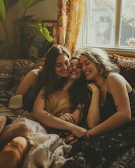 Trio of ecstatic women in warm embrace, cozy living room setting. Soft, natural window light, authentic emotions. Nikon Z6 II, 50mm f/1.8, vertical composition.  