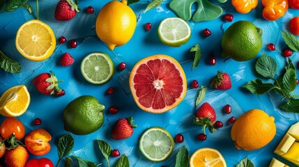 Wall Mural - Variety of fresh fruits on blue background