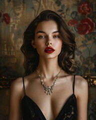 Elegantly styled woman wearing statement necklace, soft gaze off-camera. Rembrandt lighting, rich textured background. Sony A7R IV, 85mm f/1.4, classic portrait framing.  