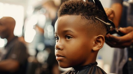 A young boy sits in a barber chair while getting his hair cut.