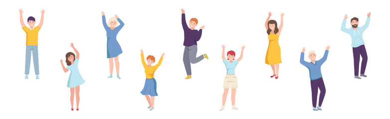 Wall Mural - Happy People Character Standing with Raised Hands Up Vector Set