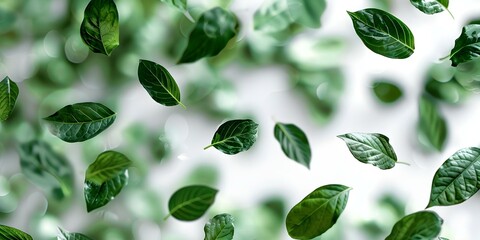 Wall Mural - Dancing green leaves on a white background. Concept Nature Photography, Abstract Art, Greenery, Still Life, Minimalist Art