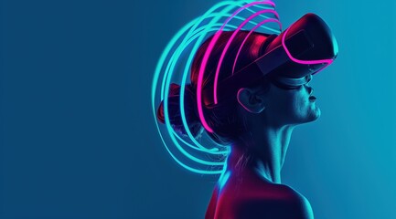 Woman in modern VR headset , neon lines swirling around her head.  Profile view. dark blue back