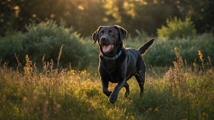 Sticker - Joyful black labrador retriever dashes through sunlit field, its tongue lolling out in exertion. Tall grass, wildflowers sway around it as sunlight filters through trees, casting warm glow.