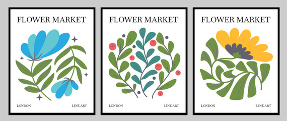 Wall Mural - set of botanical floral interior poster. organic circle shapes in trendy naive retro hippie 60s 70s 