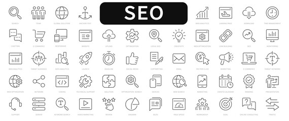 seo - search engine optimization line icons set. seo editable stroke icon vector