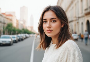 Wall Mural - Analog style portrait of a beautiful girl in city background