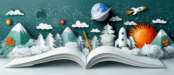 A paper cutout style illustration of an open book with a science and math theme. The book features rockets, a planet, mountains, and a pencil. Back to school.