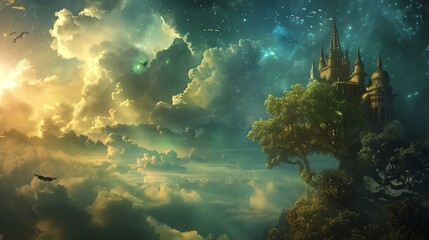 Wall Mural - a castle in the sky with a tree on top of it