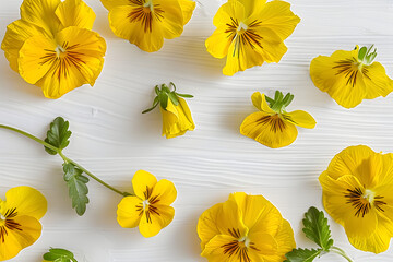 Wall Mural - floral flatlays with yellow pansies on white background ai generated