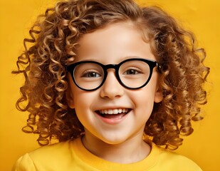 Happy Young Girl With Curly Hair Wearing Glasses Against Yellow Background