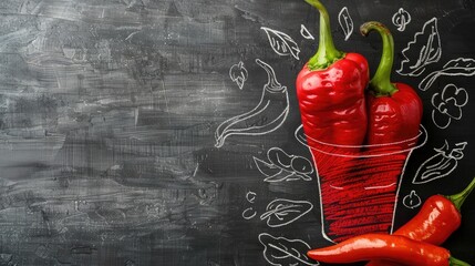 Pepper in hand drawn container on blackboard emphasizing cooking concept