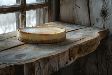 Sticker - Freshly baked whole cheesecake standing on wooden rustic table near window in natural light