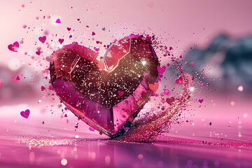 Wall Mural - glitter heart dissolving into pieces on pink background valentines day broken heart and love emergence concept