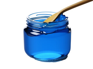 a blue jar with a wooden spoon