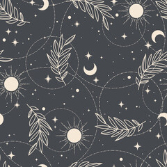 Wall Mural - seamless vector pattern with sun, plants, stars, crescent. boho pattern for astrology, textiles, wra