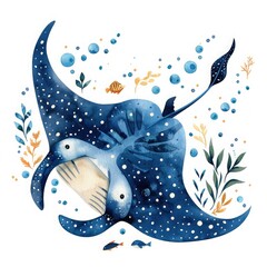 watercolor illustration of a blue manta ray with ocean plants, fish, and bubbles. perfect for marine
