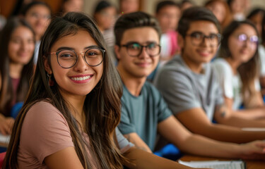 Wall Mural - Happy young female student sitting in the classroom with a group of students smiling and looking at the camera, wearing glasses