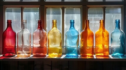 Canvas Print - Sunlight streams through a window, casting a bright glow on colorful glass bottles. Transparent bottles on the sill add pops of color. Light and shadow play highlights beauty