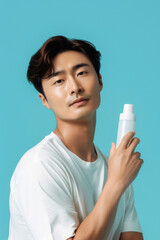 Wall Mural - A Korean man holding a blue skincare bottle, highlighting his clear skin