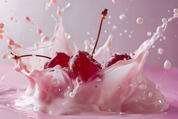 Poster - Three cherries splashing into pink milkshake creating a crown shape