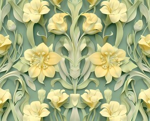 Wall Mural - Art Nouveau background with yellow and green floral elements in an elegant pattern, seamless texture for design projects.