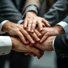 Tight frame of interlocked hands, suit sleeves visible, teamwork in professional environment concept