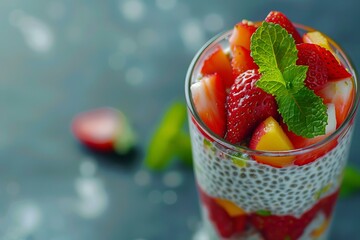 Poster - Chia seed pudding layered with fresh strawberries, peaches, and mint is a healthy and refreshing snack or breakfast