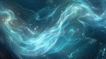 Wall Mural - A mystical abstract background with swirls of blue and white, where glowing particles of energy stars appear to emerge from a comet tail, weaving through the cosmos.