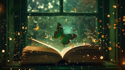 Wall Mural - A mystical scene featuring a vintage book open in a window under a starry night sky, accompanied by magical sparks and delicate golden butterflies.