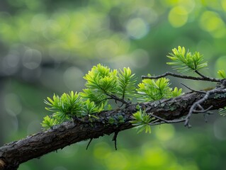 Evergreen branch with fresh spring growth. Shot with Fujifilm GFX 50S II, 110mm f/2 lens. Soft, out-of-focus greenery behind. 