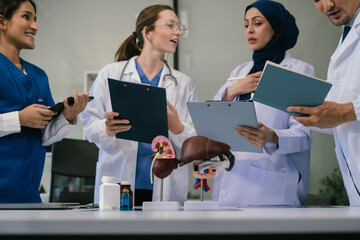 Wall Mural - doctor team, analysis the blood test examination results and medication usage of the patient on the 