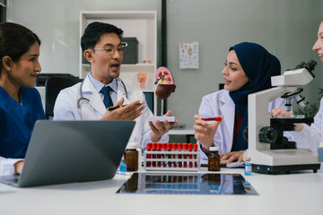 Wall Mural - doctor team, analysis the blood test examination results and medication usage of the patient on the 