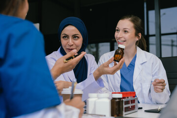 Wall Mural - doctor team, analysis the blood test examination results and medication usage of the patient on the 