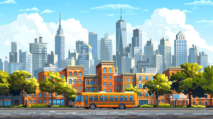 2d illustration Bus school on the highway, city on the background