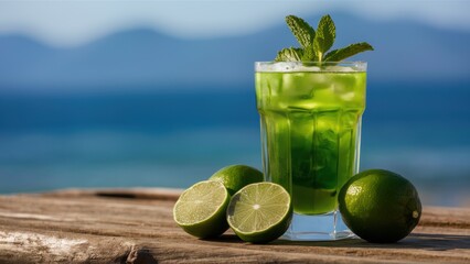 Poster - A glass of a drink with lime slices and mint leaves, AI