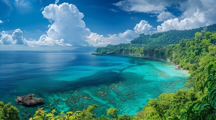 A panoramic view of a tropical island, turquoise waters and lush vegetation