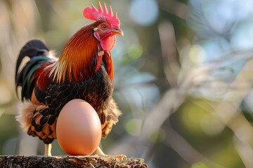 Poster - Proud rooster standing near a large brown egg on a sunny farm, poultry concept