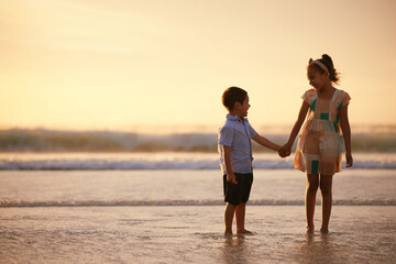 Poster - Beach, hug and children or siblings holding hands, love and support for childhood on summer vacation. Travel holiday, people together and ocean or nature getaway, care and space for bonding