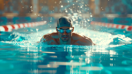 Wall Mural - An Olympic sport. A swimming competition. A man is swimming in the pool wearing safety glasses. The water is blue