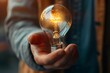 © AI Digital Artist - Photo of a businessman wearing a suit holding a light bulb in one hand and indicating that he has an idea