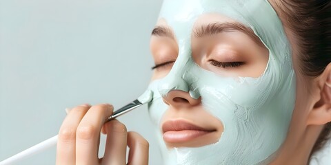 Wall Mural - Woman applying clay face mask for skincare beauty and copy space. Concept Skincare Routine, Beauty Treatment, Clay Mask, Copy Space, Self-care Routine