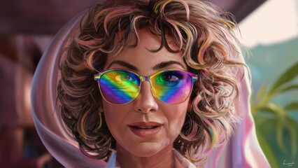 Poster - A woman with curly hair wearing sunglasses and a colorful shirt, AI