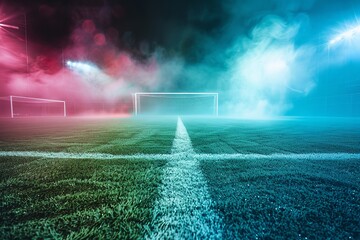 The textured soccer game pitch with neon fog - center mid. Generative Ai