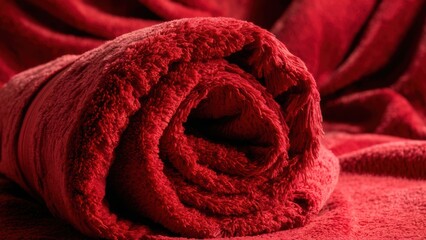 Wall Mural - A close up of a folded towel on top of red fabric, AI