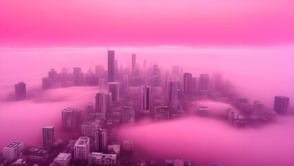 The cityscape emerges from a sea of ​​pink fog. Fairytale view, surrealism.