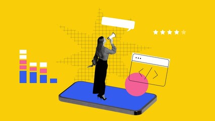 Wall Mural - Woman with megaphone, browser window with five stars. Marketing services focusing on user feedback and ratings. Stop motion, animation. Concept of digital marketing, online services, business