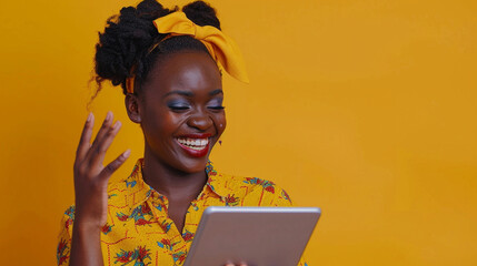 Wall Mural - Cheerful overjoyed young African woman celebrates win, success, looking at tablet, making hand yes gesture, smiling, laughing, getting happy, excited, enjoying home Internet communication